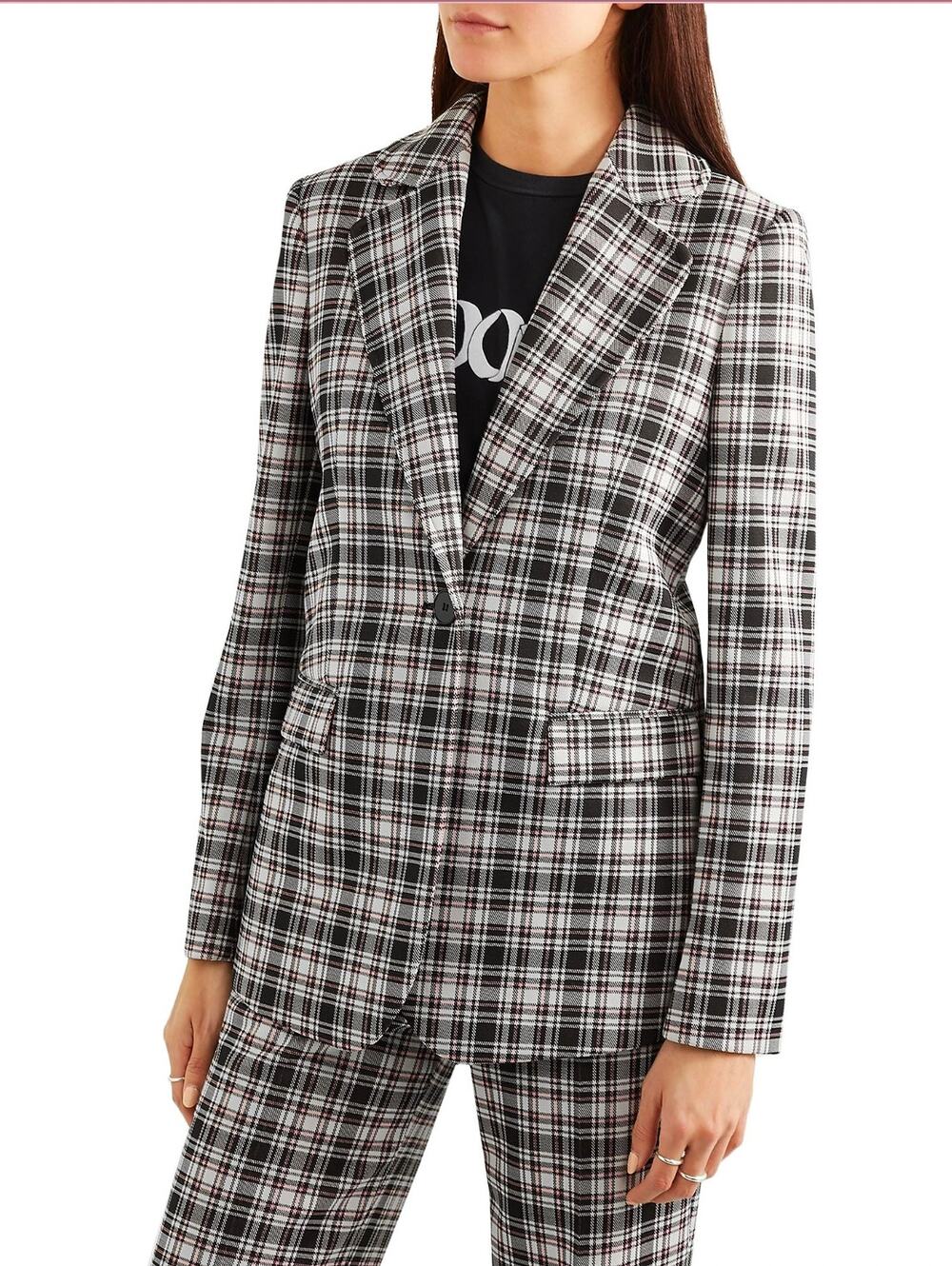 Alexa Chung Steel Gray Pink Checked Plaid Knitted Blazer Size US 2